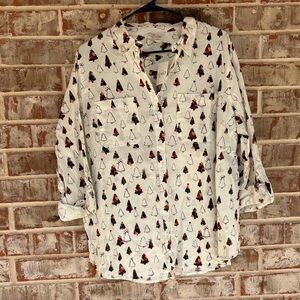 Cato Cream Christmas Tree Printed Button Down Blouse